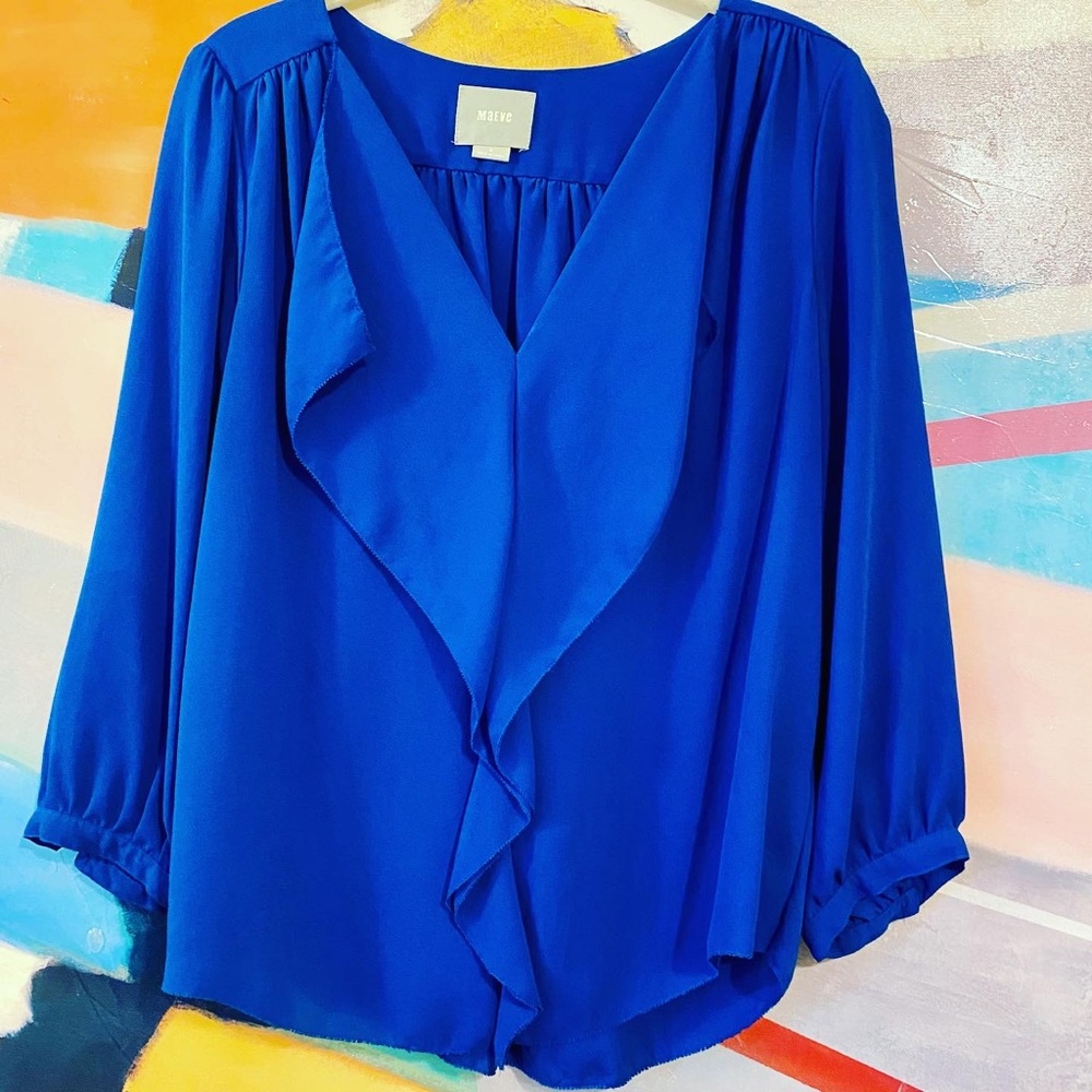 Maeve blue ruffle long sleeve blouse